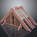 Traditional Wooden Cottage Structure With Triangular Roof Thatch Covering And Small Window
