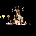 Christmas Decorative Scene With Tree Giraffes Hot Air Balloon Gifts And Snow Piles