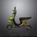 Green Motorcycle Scooter With Brown Seat And Decorative Spring Design Elements