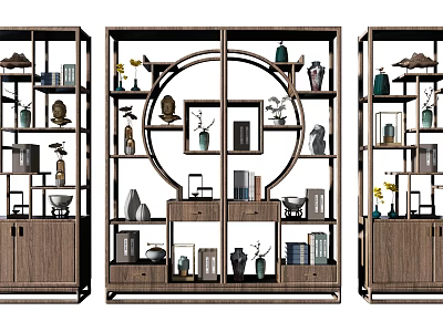 Traditional Chinese Wooden Display Shelf With Circular Openwork Multi layer Shelves And Decorative Vases Figurines 3d model