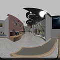 Shopping Mall Store Interior With Orange Walls Green Archways Decorative Lights And Wooden Display Stands