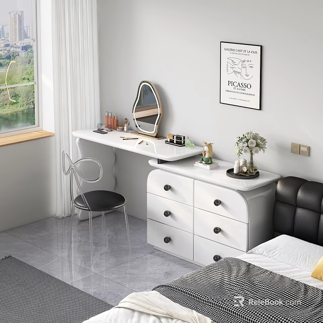 Stylish Dressing Table with Round Mirror Cosmetics Chair Vase and Decorative Painting in Bedroom 3d model 