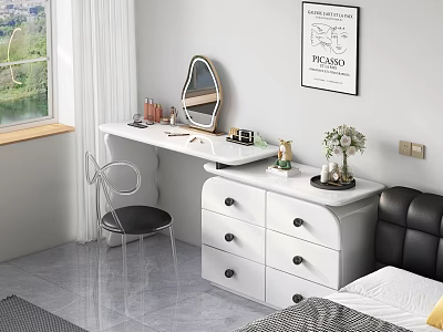 Stylish Dressing Table with Round Mirror Cosmetics Chair Vase and Decorative Painting in Bedroom 3d model