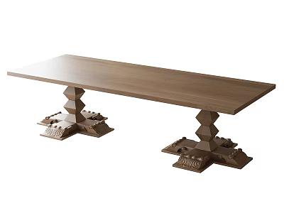 Long Rectangular Dining Table With Wooden Top And Geometric Base Support 3d model