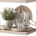 Stylish Dinnerware Set With Ceramic Plates Cups Teapot Glassware And Utensils On Wooden Shelf