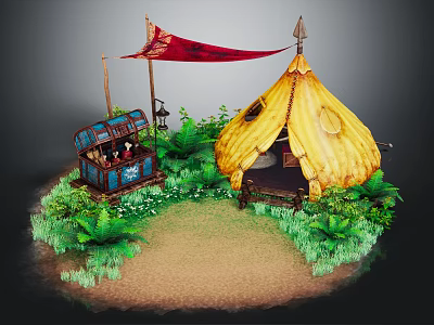 Cartoon Scene with Yellow Tent Red Flag Treasure Chest and Green Plants on Sandy Ground 3d model