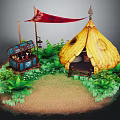 Cartoon Scene with Yellow Tent Red Flag Treasure Chest and Green Plants on Sandy Ground