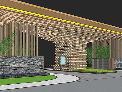 Modern Wooden Entrance Gate With Yellow Light Strips Stone Walls Green Plants And Curved Driveway 3d model