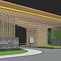 Modern Wooden Entrance Gate With Yellow Light Strips Stone Walls Green Plants And Curved Driveway