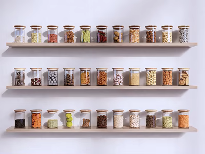 Organized Glass Jars With Various Grains And Beans On Wooden Kitchen Shelves 3d model