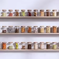 Organized Glass Jars With Various Grains And Beans On Wooden Kitchen Shelves