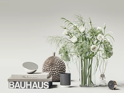 Decorative Ornament Set With White Floral Vase Textured Sphere BAUHAUS Book Mirror Candle And Clock 3d model