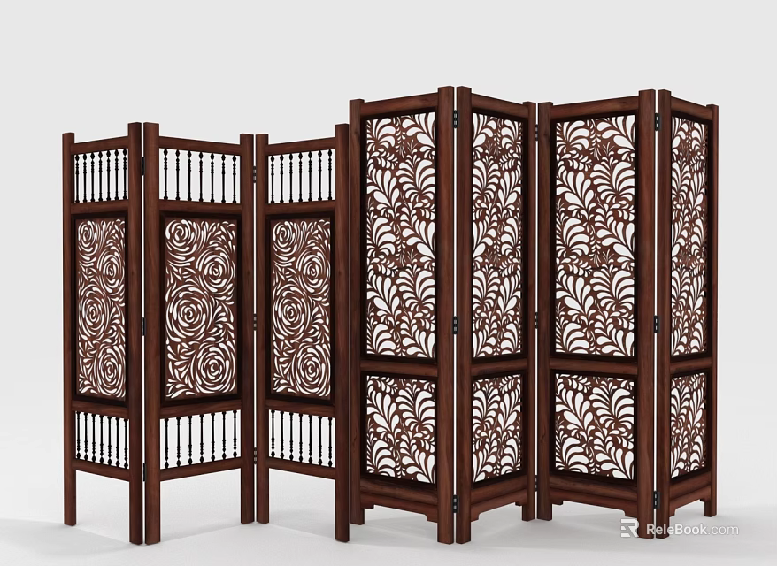 Wooden Room Dividers With Intricate Carved Floral Patterns For Traditional Home Decor 3d model 