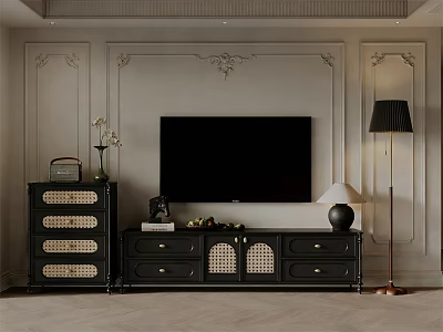 Black TV Stand With Woven Doors In Decorative Living Room With Floor Lamp And Decor 3d model