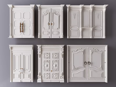 Various Styles Of White Double Doors With Carved Panels And Decorative Hardware Details 3d model