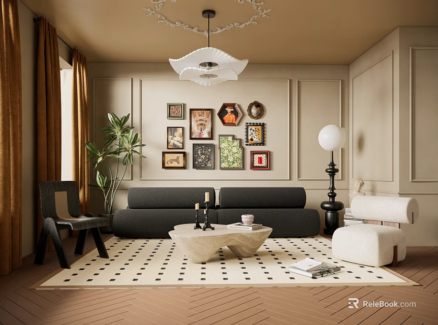 Modern Living Room Interior With Sofa Wall Art Patterned Rug Potted Plant And Chandelier 3d model 
