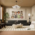 Modern Living Room Interior With Sofa Wall Art Patterned Rug Potted Plant And Chandelier