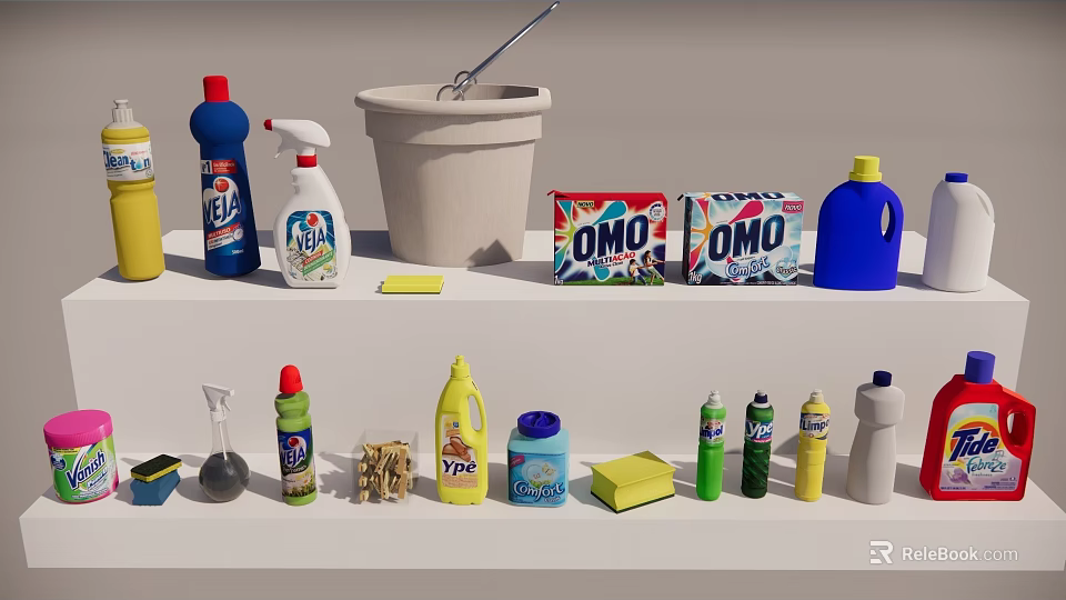 Assorted Household Cleaning Supplies With OMO Detergent Bottles Sponges Brushes And Basin 3d model 