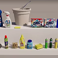 Assorted Household Cleaning Supplies With OMO Detergent Bottles Sponges Brushes And Basin