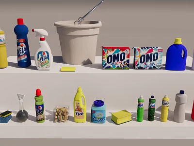 Assorted Household Cleaning Supplies With OMO Detergent Bottles Sponges Brushes And Basin 3d model