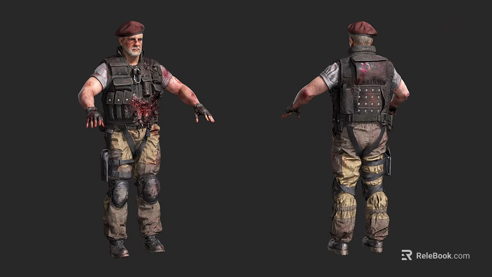 Game Film Character in Red Beret with Tactical Vest Bloodstains Khaki Pants and Knee Pads 3d model 
