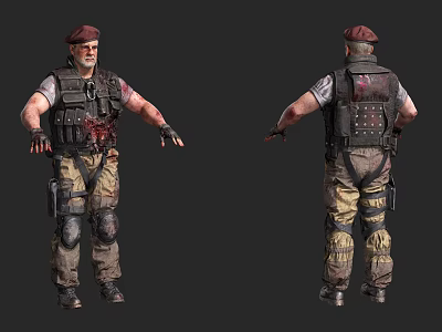Game Film Character in Red Beret with Tactical Vest Bloodstains Khaki Pants and Knee Pads 3d model