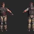 Game Film Character in Red Beret with Tactical Vest Bloodstains Khaki Pants and Knee Pads