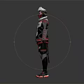 Futuristic Humanoid Character With Red And Black Tech Inspired Outfit And Helmet