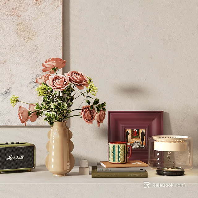 Stylish Decorative Ornament Set with Pink Roses in Vase Picture Frame Mug and Lamp 3d model 