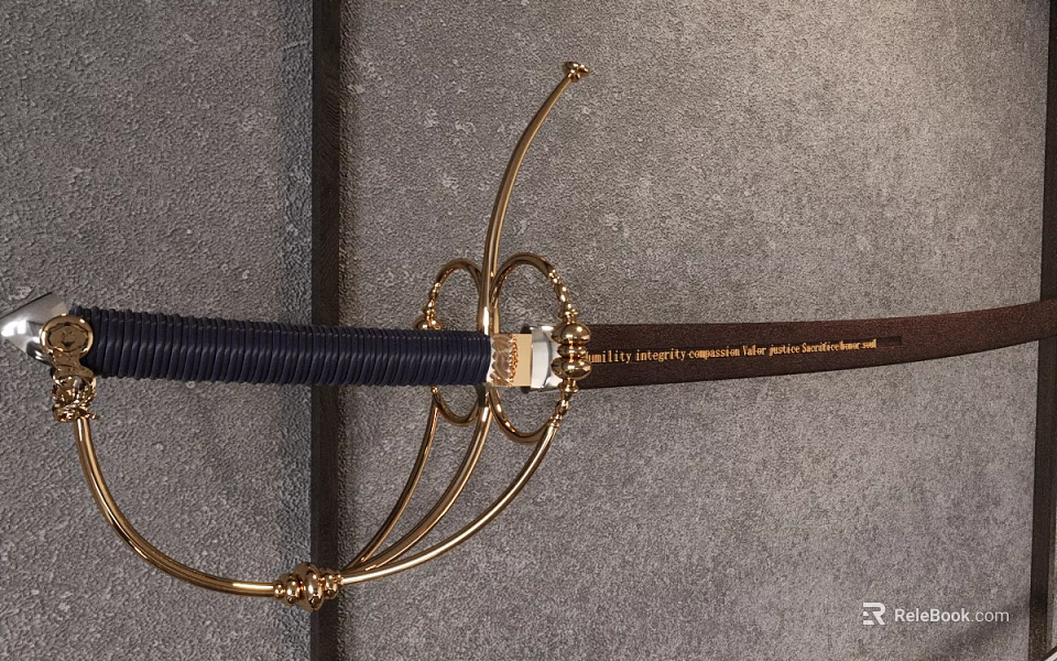 Vintage Decorative Sword With Golden Ornate Hilt Dark Blue Wrapped Handle And Wooden Scabbard 3d model 