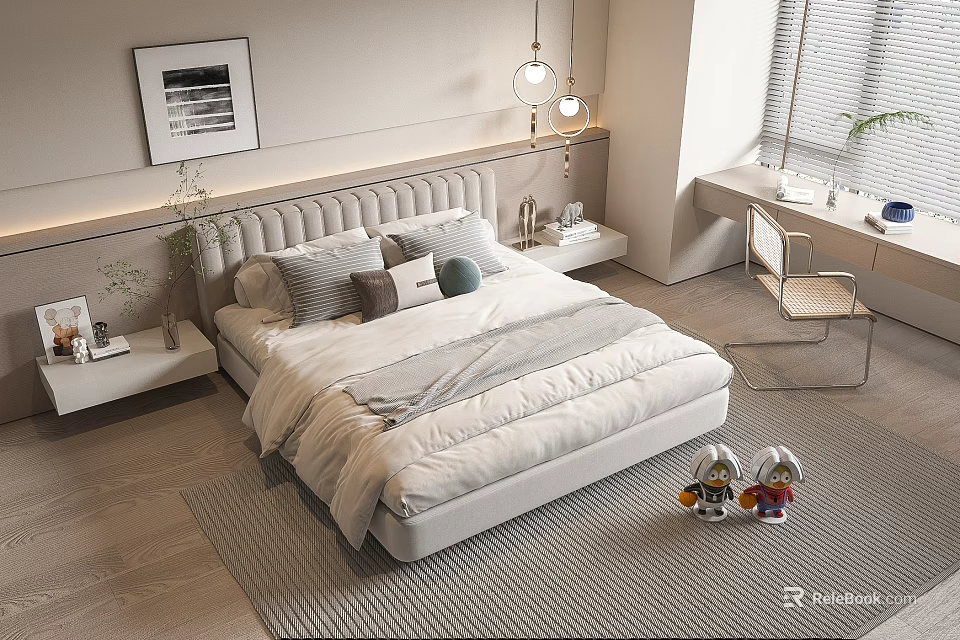 Modern Double Bed in Minimalist Bedroom with Upholstered Headboard Pillows Nightstand and Table Lamp 3d model 