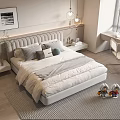 Modern Double Bed in Minimalist Bedroom with Upholstered Headboard Pillows Nightstand and Table Lamp