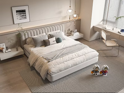 Modern Double Bed in Minimalist Bedroom with Upholstered Headboard Pillows Nightstand and Table Lamp 3d model