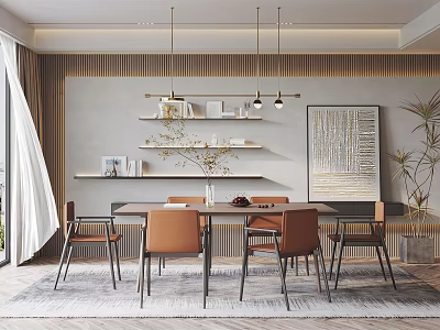 Modern Open Concept Restaurant Interior With Dining Table Chairs Pendant Lights And Artwork 3d model