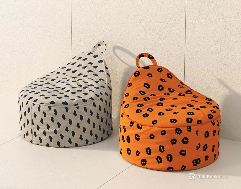 Two Bean Bag Chairs With Gray Black Polka Dots And Orange Pumpkin Patterns 3d model 