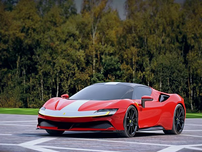 Red Sports Car With Sleek Design Parked On Paved Road Near Green Forest 3d model