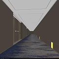 Modern Hotel Corridor with Gray Walls Recessed Lighting and Patterned Carpet Flooring Wooden Elevator Doors