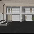 Modern Front Desk Reception Lobby With Marble Walls Glass Railings Sofa And Green Plants