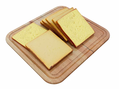 Fresh Square Yellow Bread Slices Neatly Arranged on Wooden Cutting Board 3d model