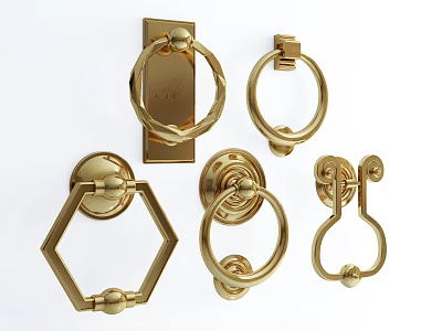 Brass Decorative Door Handles with Various Circular and Hexagonal Designs 3d model