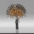 Art Installation Featuring Umbrella Shaped Structure With Hanging Colorful Circular Pieces And Human Figure