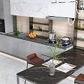 Modern Kitchen Interior Design With Gray White Cabinets Marble Countertops And Island