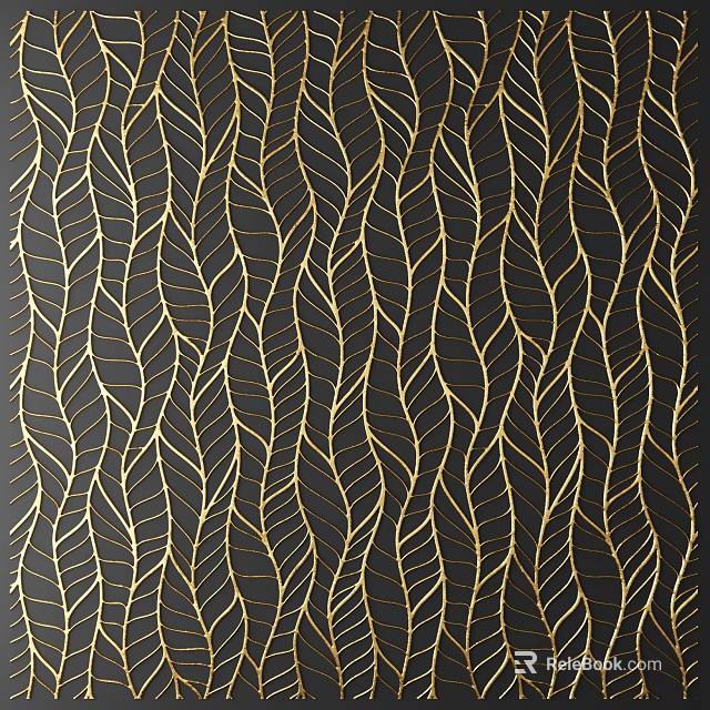 Elegant Decorative Component With Gold Leaf Pattern And Wavy Lines On Black Background 3d model 