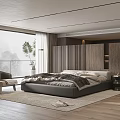 Modern Bedroom Interior With Large Window Mountain View Bed Plant Chair And Wardrobe