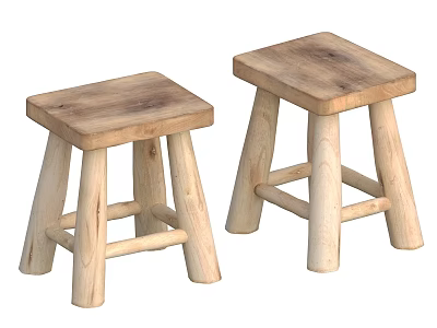 Two Natural Wooden Stools With Square Seat And Cross Support Braces Design 3d model
