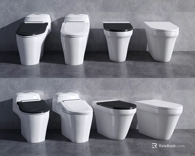 Modern Toilet Designs with White Body and Black Seats Displaying Various Styles 3d model 