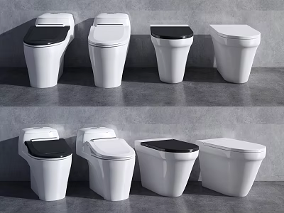 Modern Toilet Designs with White Body and Black Seats Displaying Various Styles 3d model