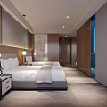 Modern Hotel Guest Room With King Bed Wooden Accents Large Windows City View And Wall Mounted TV