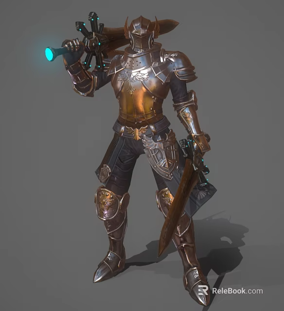 Fantasy Game Movie Character Armored Warrior With Detailed Armor Holding Sword And Glowing Weapon 3d model 