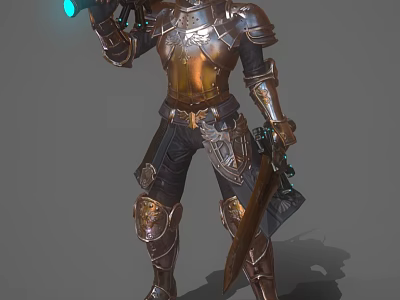 Fantasy Game Movie Character Armored Warrior With Detailed Armor Holding Sword And Glowing Weapon 3d model
